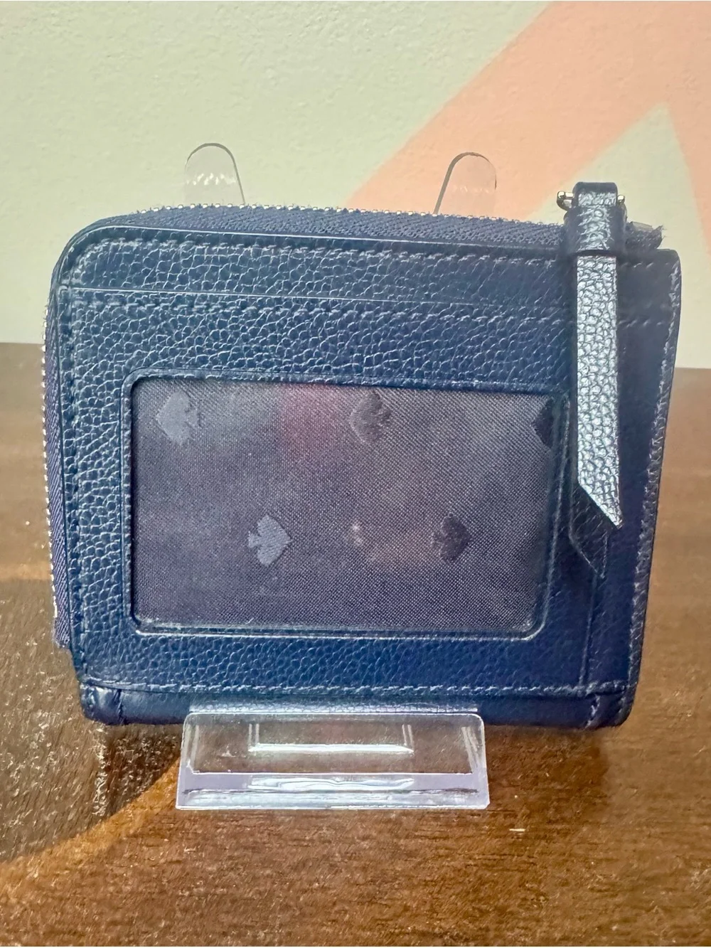 kate spade Navy Leather Zip Card Holder with Gold Logo